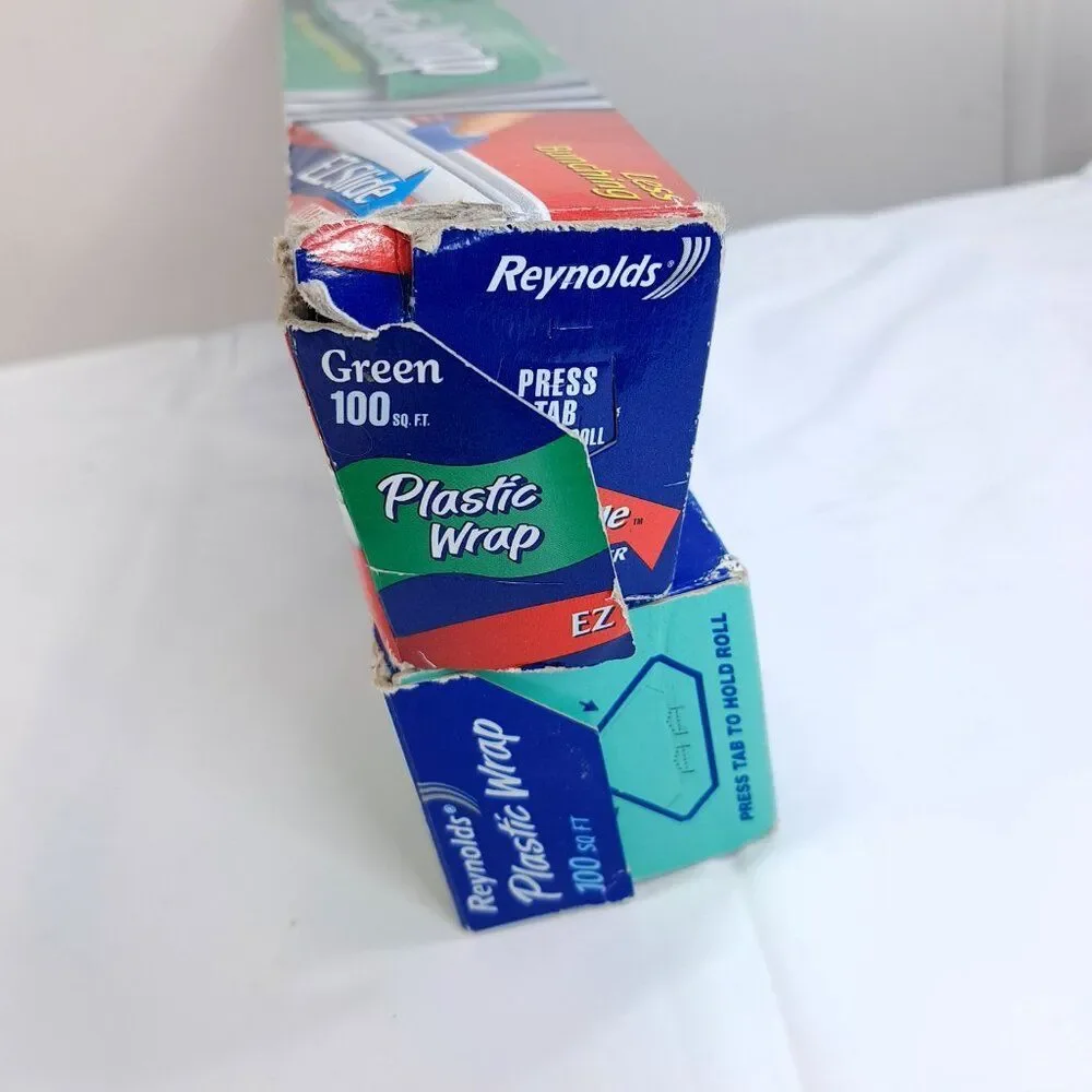 Vintage Reynolds Plastic Wrap Green set 2 boxes/rolls cling film ez slide cutter